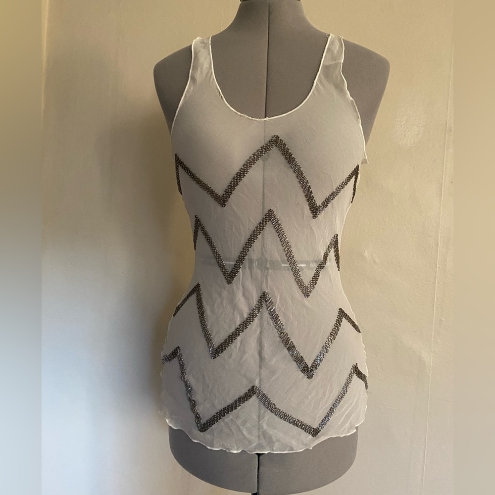 RARE Forever 21 Vintage Sheer Chevron Beaded Detail Applique Tank Top S